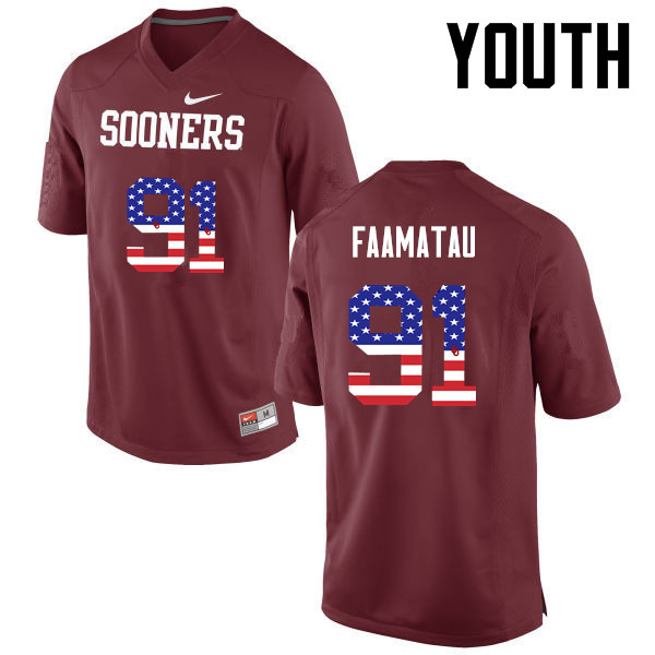Youth Oklahoma Sooners #91 Dillion Faamatau College Football USA Flag Fashion Jerseys-Crimson